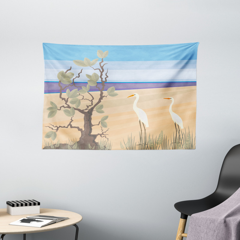 Birds on Beach Coastal Doodle Wide Tapestry