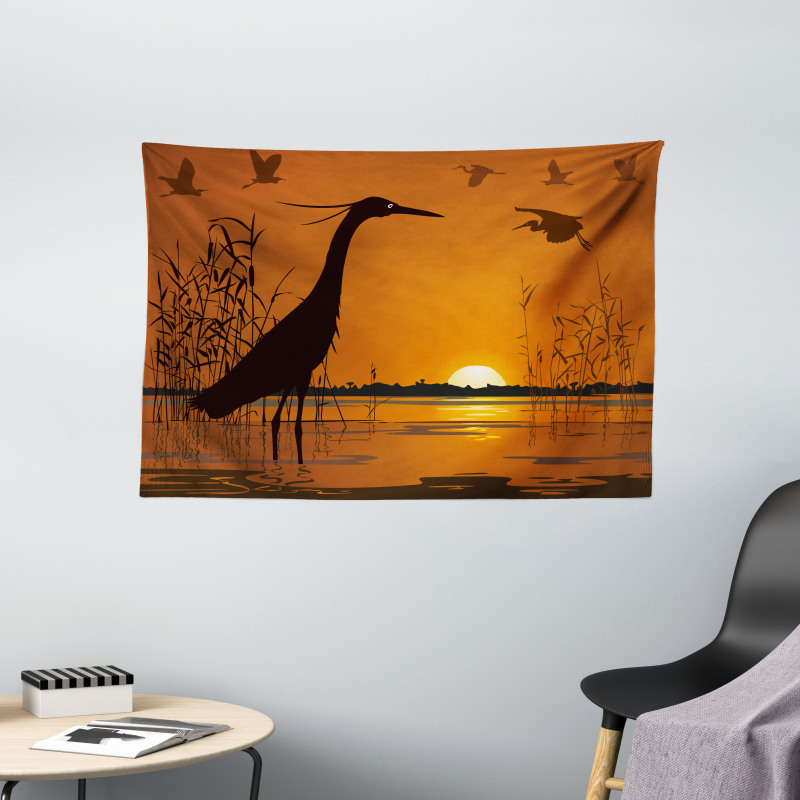 Bird Silhouettes Swamp Sunset Wide Tapestry