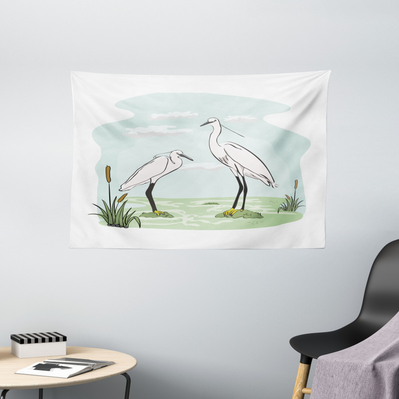 2 Herons in Marsh Cartoon Wide Tapestry