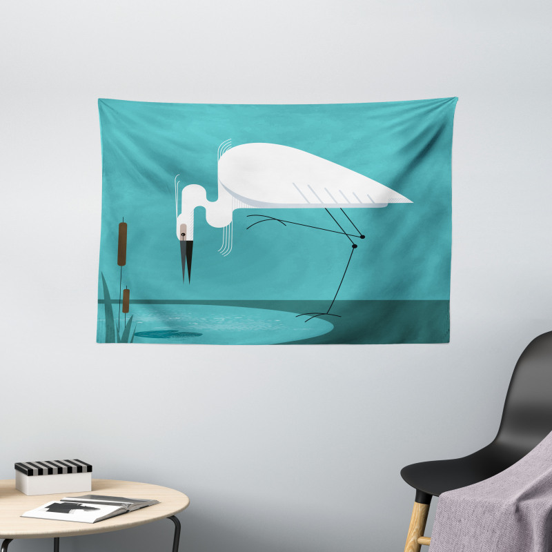 Bird Stands on Lake Shore Wide Tapestry