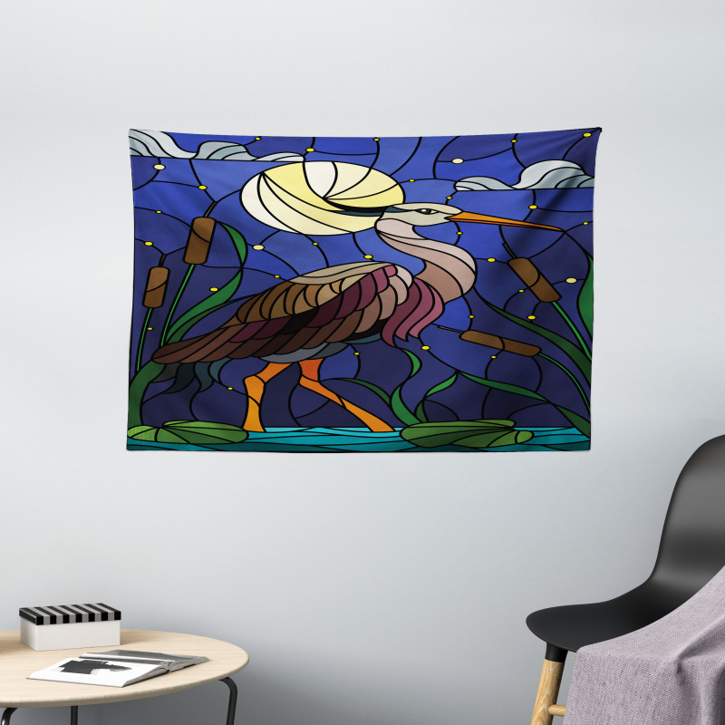 Stain Glass Brown Tone Heron Wide Tapestry