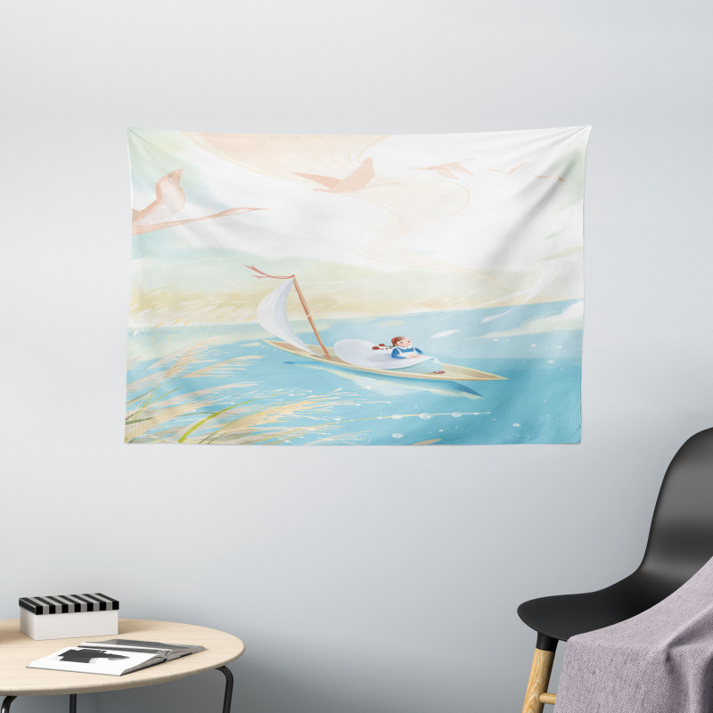 Girl in Boat on Lake Birds Wide Tapestry