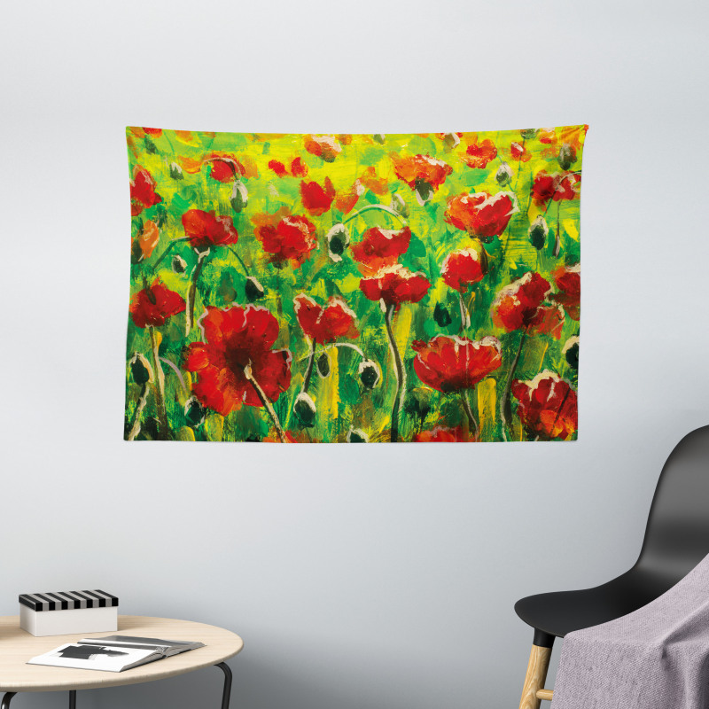 Poppies on Green Grass Wide Tapestry