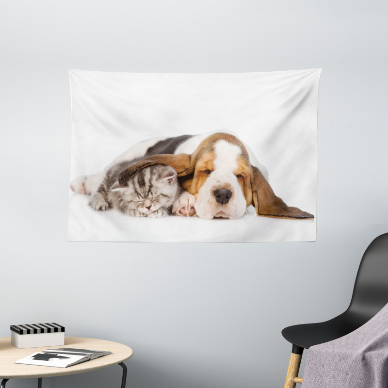 Puppy Kitten Sleeping Wide Tapestry