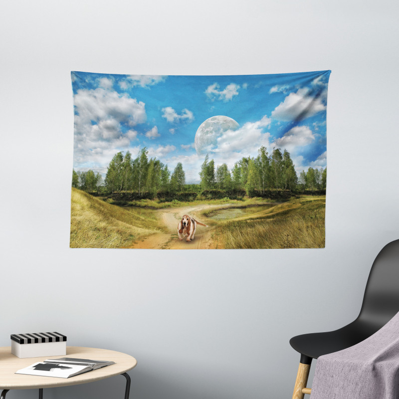 Running Dog Trees Sky Wide Tapestry