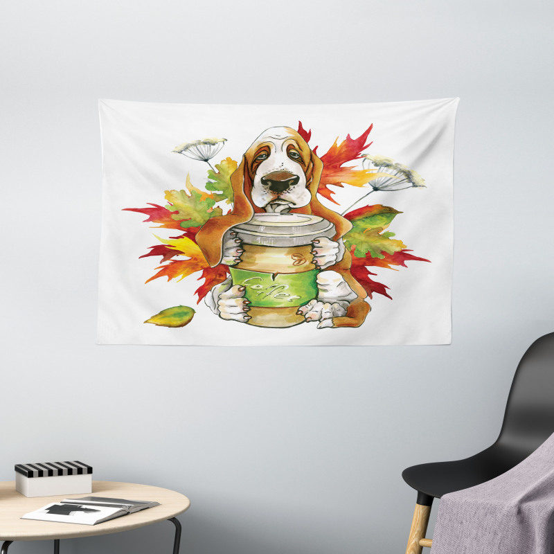 Dog Coffee Autumn Leaf Wide Tapestry