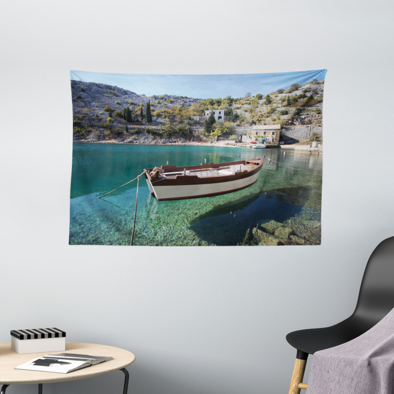 Tranquil Scene Boat on Bay Wide Tapestry