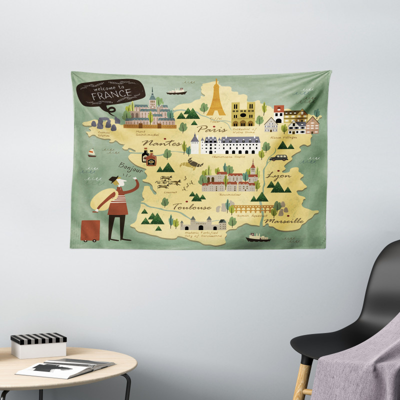 Travel Landmarks Map Doodle Wide Tapestry