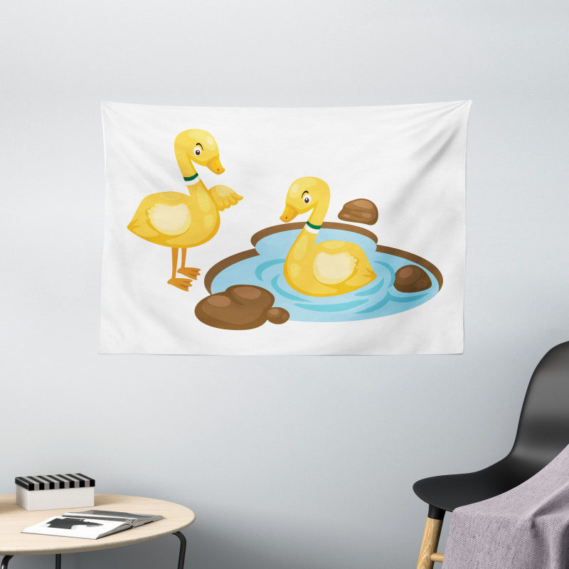 Funny Cartoon Style Animals Wide Tapestry