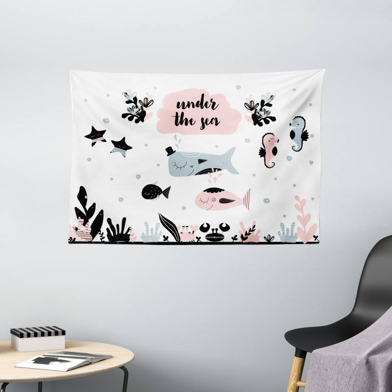 Under the Sea Fauna Cartoon Wide Tapestry