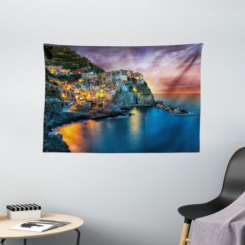 Night View Coast Village Wide Tapestry