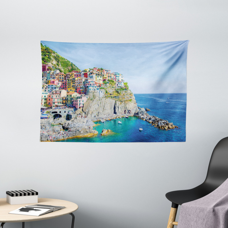 Colorful Coastal Village Wide Tapestry