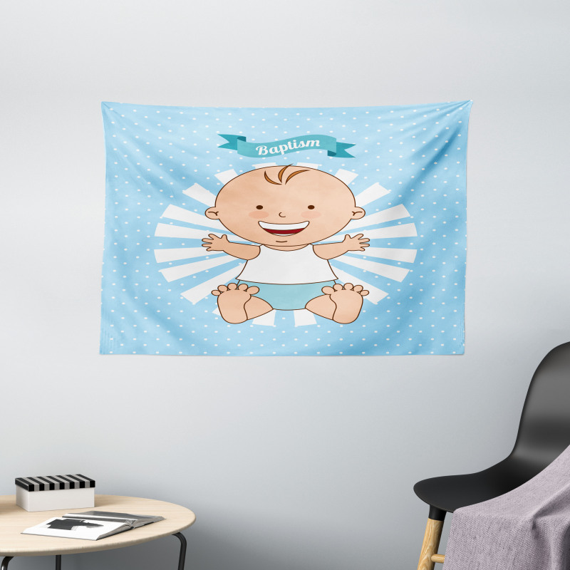 Happy Boy on Stripes Wide Tapestry