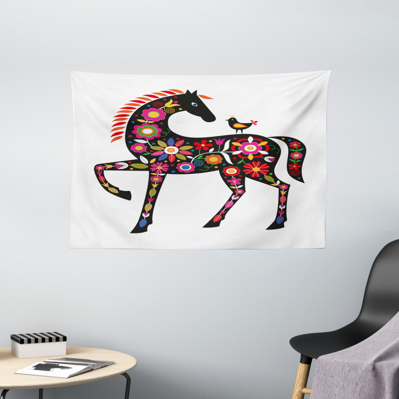 Floral Ornate Horse Bird Wide Tapestry