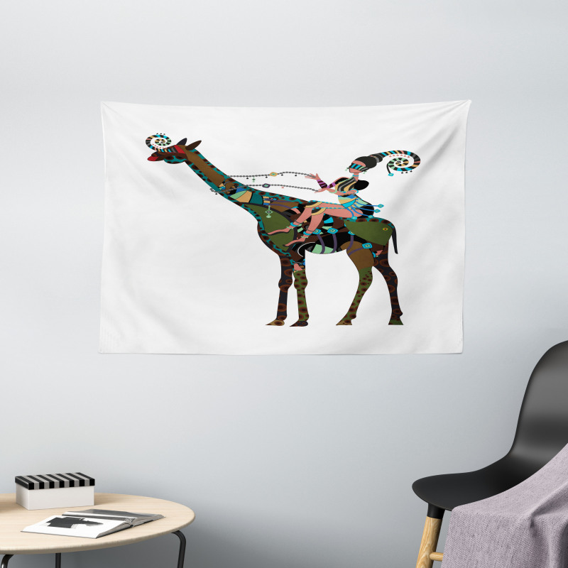 Girl Riding Giraffe Wide Tapestry