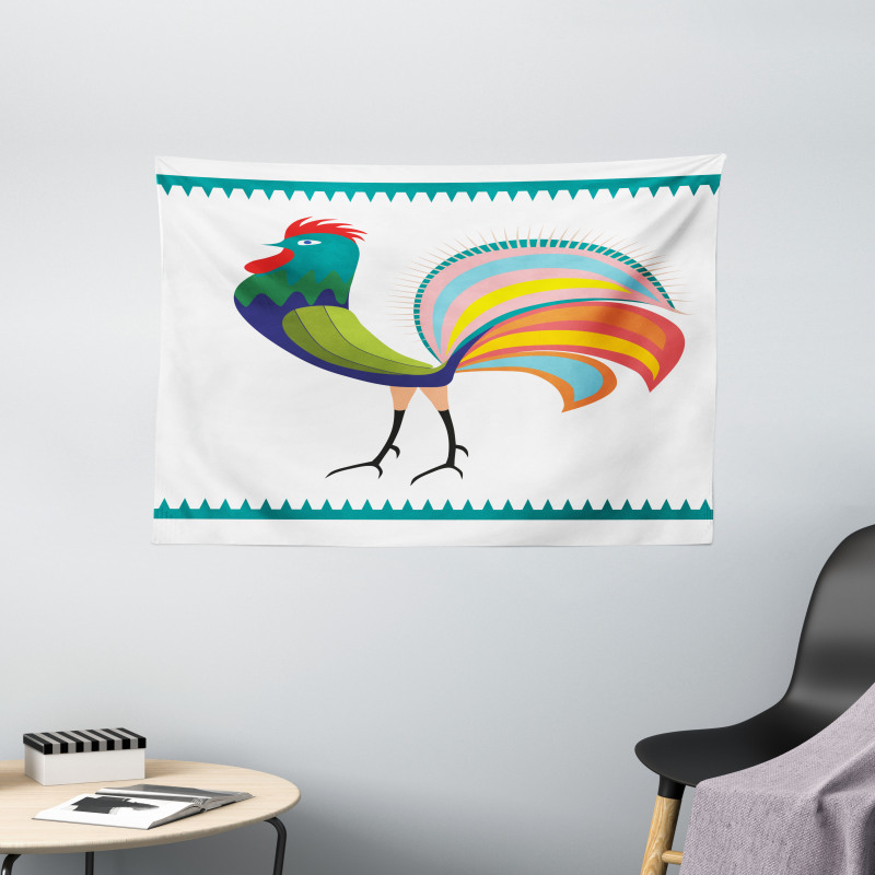 Vivid Polish Rooster Motif Wide Tapestry