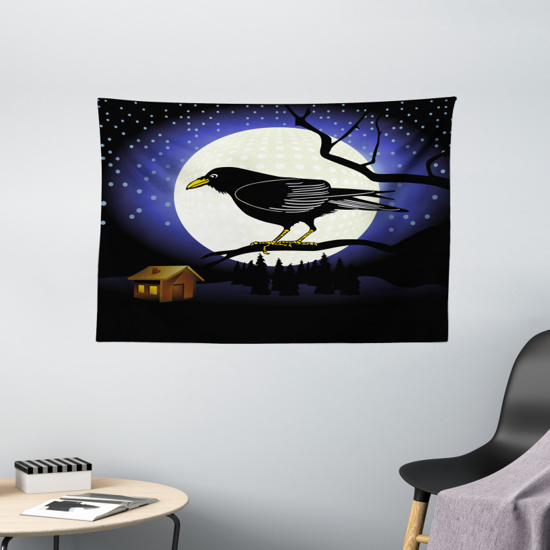 Full Moon Night Bird Wide Tapestry