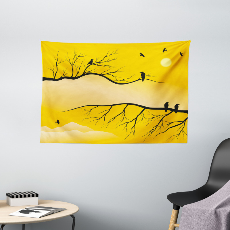 Birds on Bare Branches Wide Tapestry