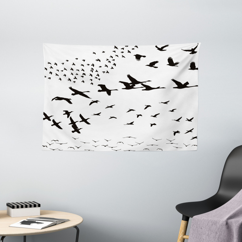 Monochrome Flying Birds Wide Tapestry