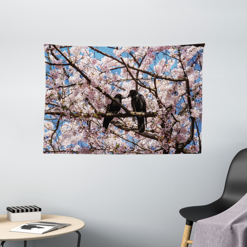 Birds on Sakura Tree Wide Tapestry