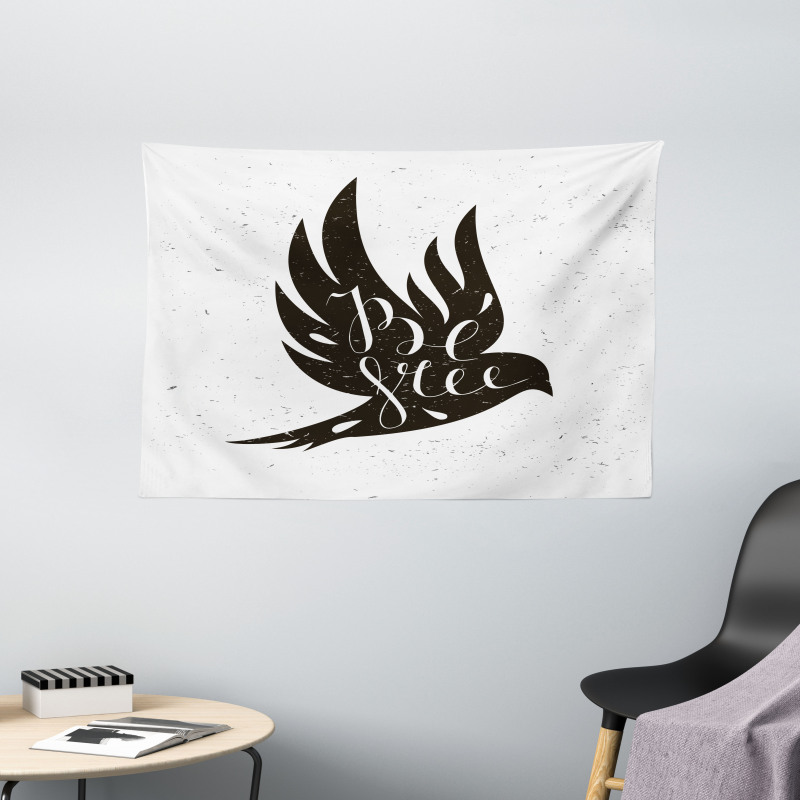 Be Free Text on Flying Bird Wide Tapestry