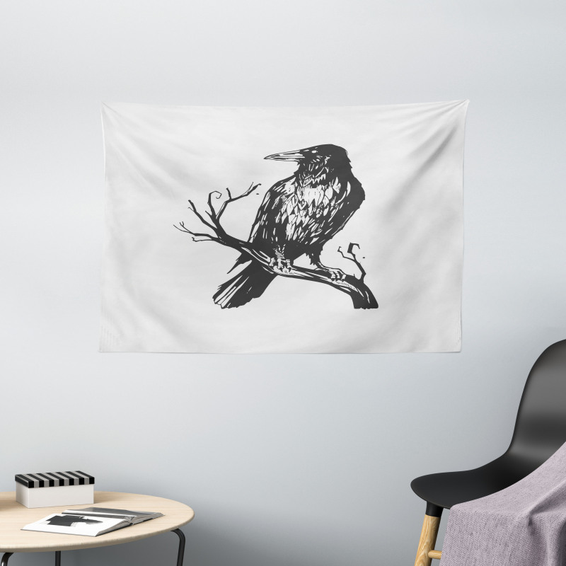 Bird on Bare Branch Art Wide Tapestry