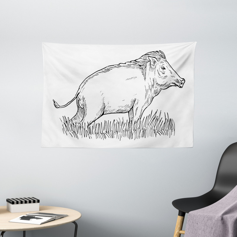 Outline Sketch Wild Boar Wide Tapestry