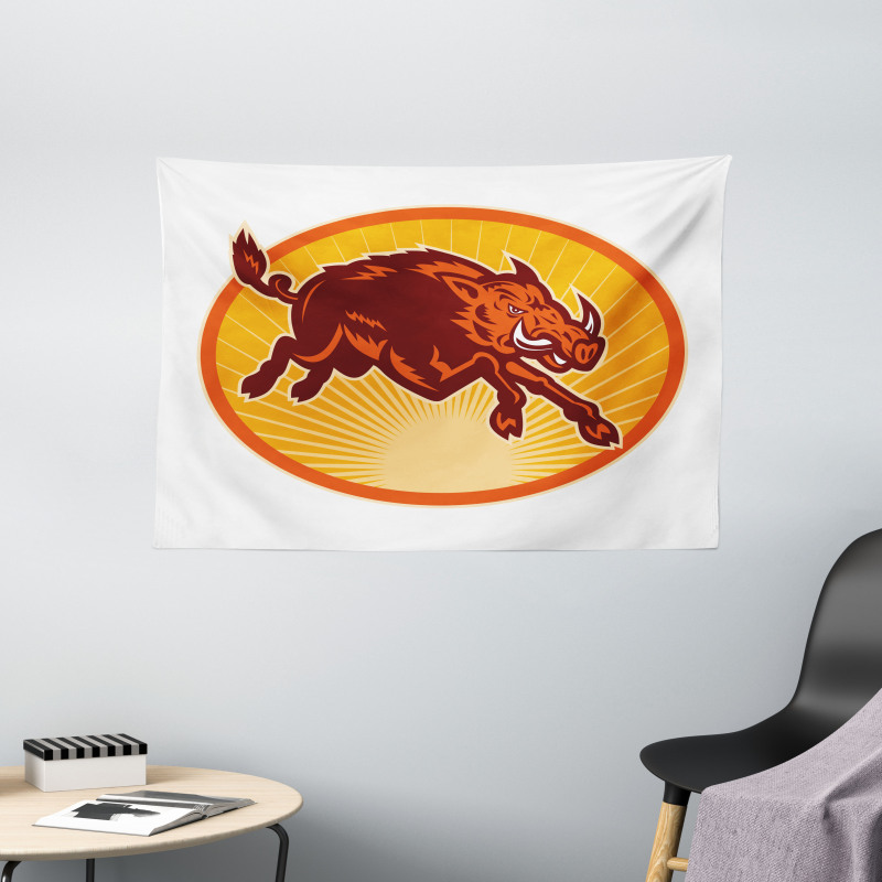 Retro Attacking Wild Boar Wide Tapestry