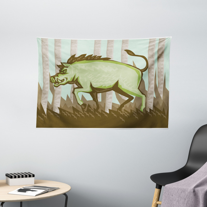 Vintage Pig Boar in Woods Wide Tapestry