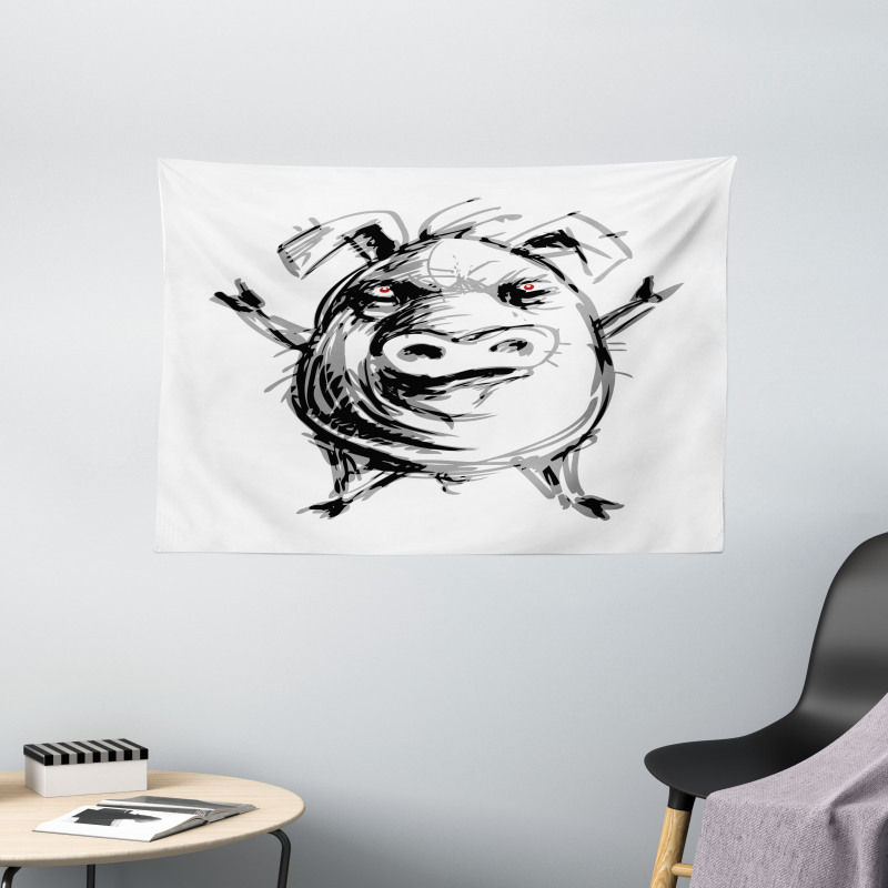 Sketch of Angry Rebel Pig Wide Tapestry