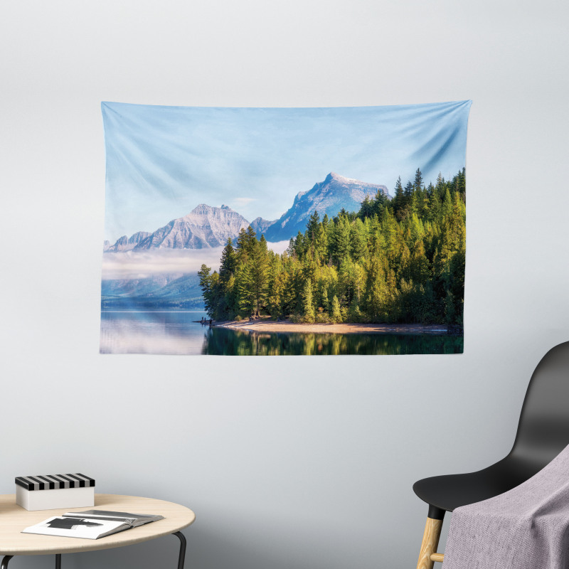 Forest with Misty Mountains Wide Tapestry