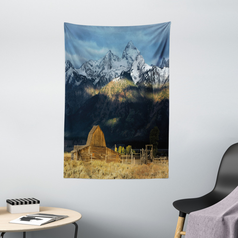 Rustic Wooden Hut Mountains Tapestry