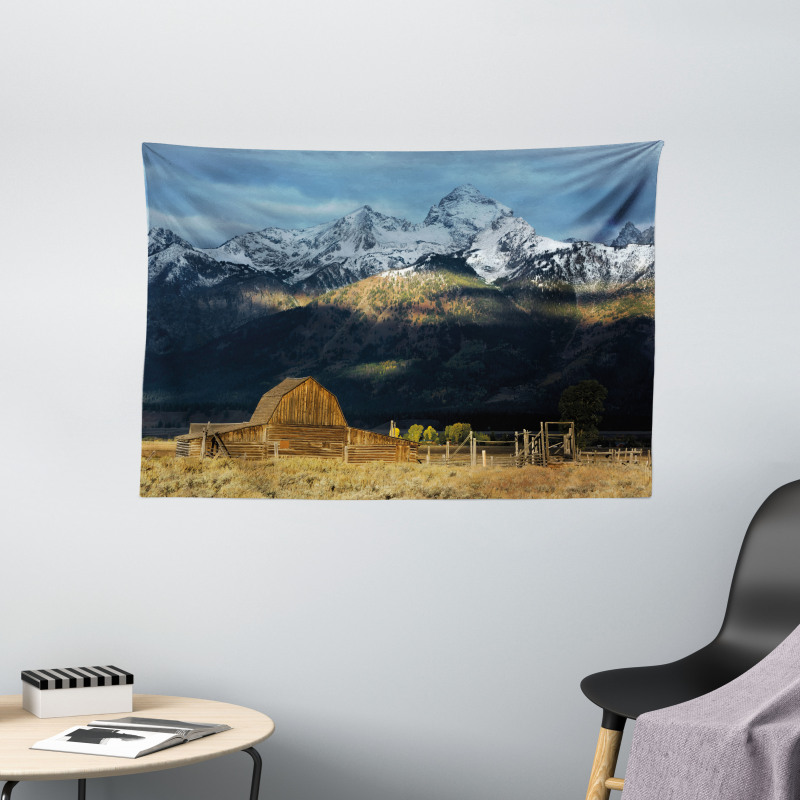 Rustic Wooden Hut Mountains Wide Tapestry