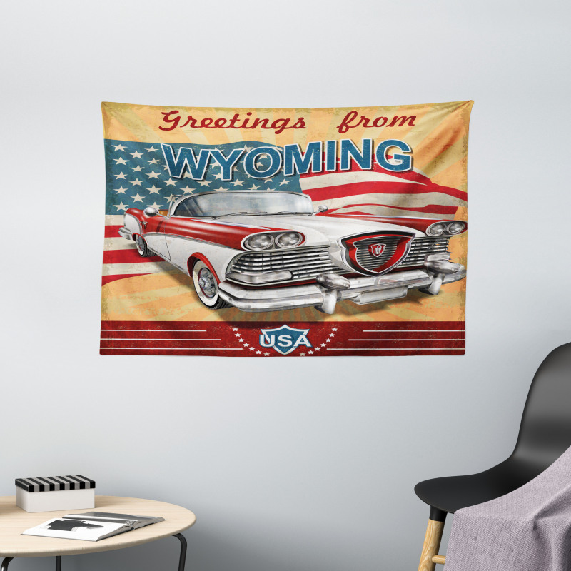 Vintage Car and Greetings Wide Tapestry