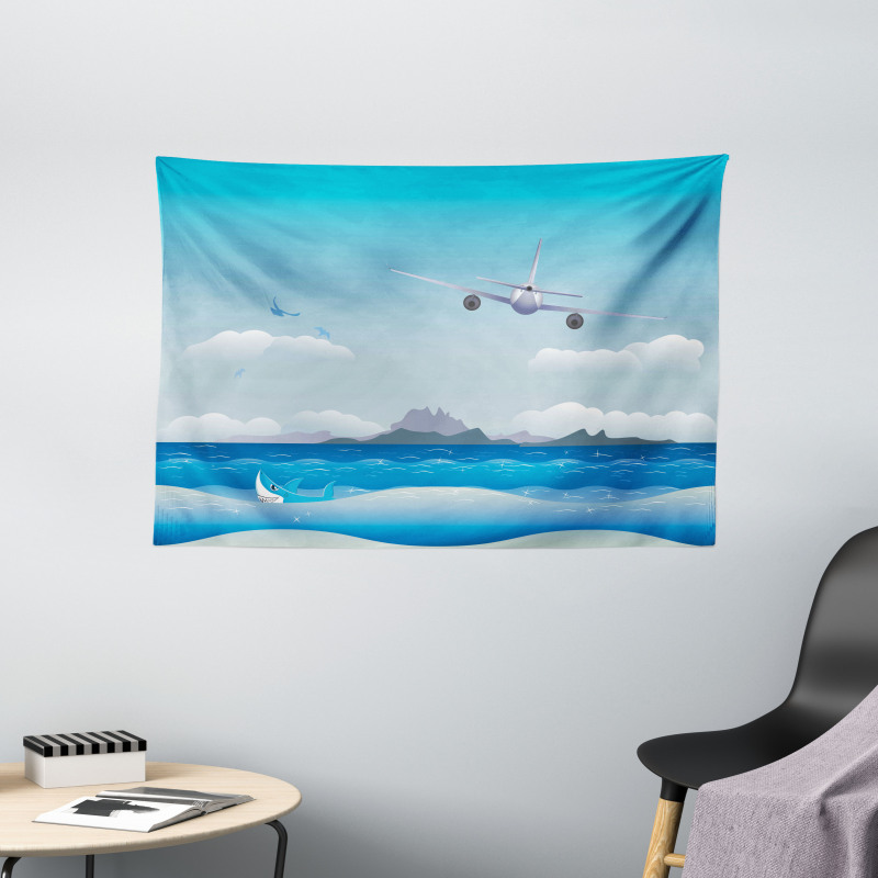 Plane Fly on Sea and Shark Wide Tapestry