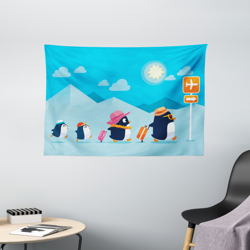 Funny Penguin Family Trip Wide Tapestry