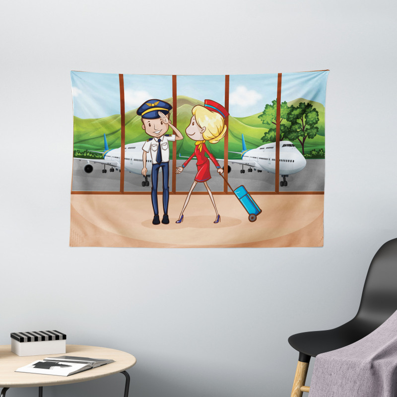 Pilot and Hostess Cartoon Wide Tapestry