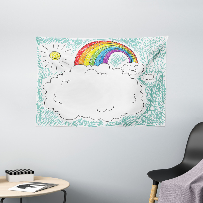 Childish Drawn Rainbow Sun Wide Tapestry