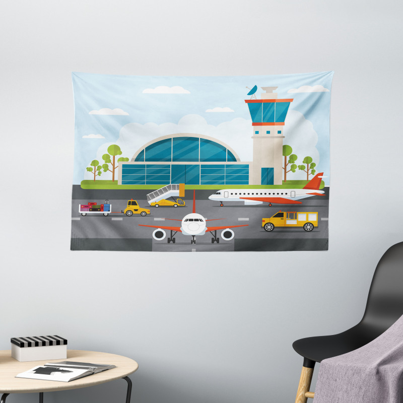 Cartoon Airfield Elements Wide Tapestry