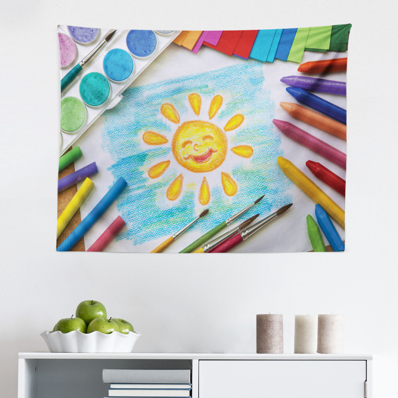 Çocuk Mikrofiber Geniş Duvar Halısı Pastel Boyalar ile Güneş Çizimi ve Suluboya