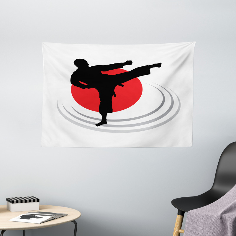 Man Karate Kick Silhouette Wide Tapestry