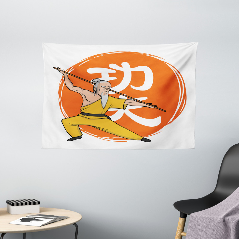 Shaolin Monk in Wushu Pose Wide Tapestry