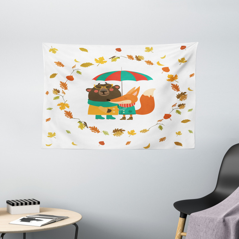 Autumn Fox and Bear Wide Tapestry