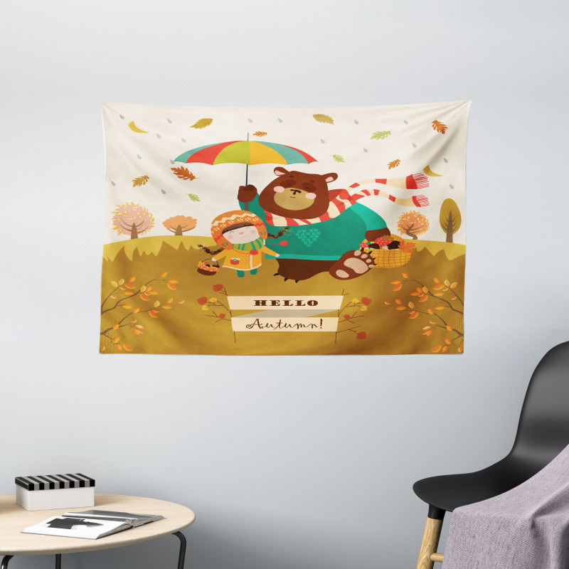 Hello Autumn Cartoon Wide Tapestry