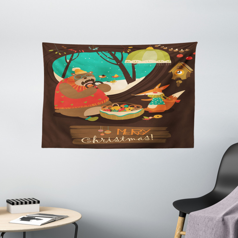 Bear and Fox Xmas Wide Tapestry