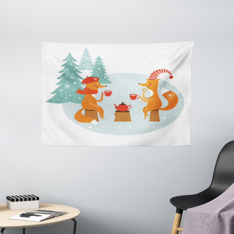 Happy Foxes Winter Wide Tapestry