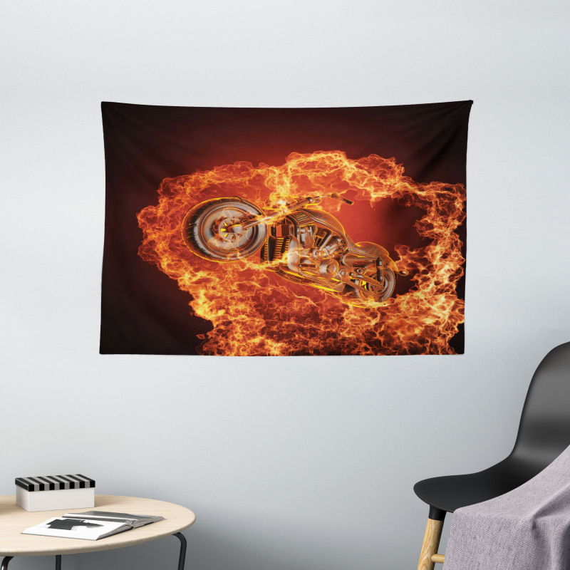 Motorbike in Fire Wide Tapestry