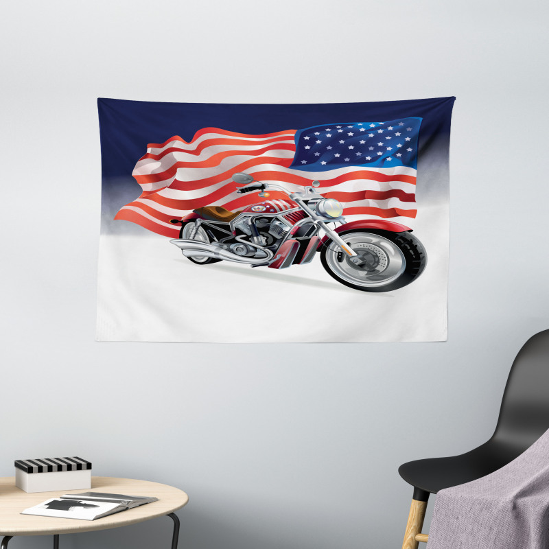 Motorbike and US Flag Wide Tapestry