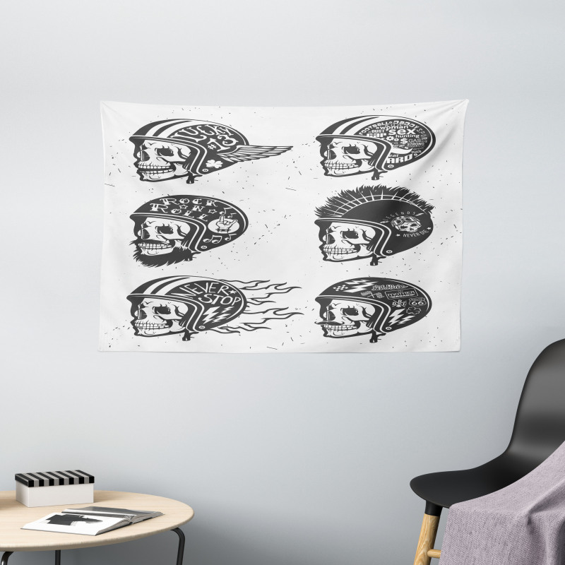 Greyscale Sketch Skulls Wide Tapestry