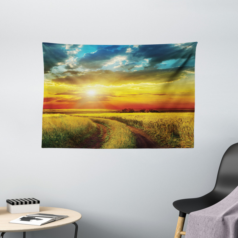 Sunset Over Field Picture Wide Tapestry